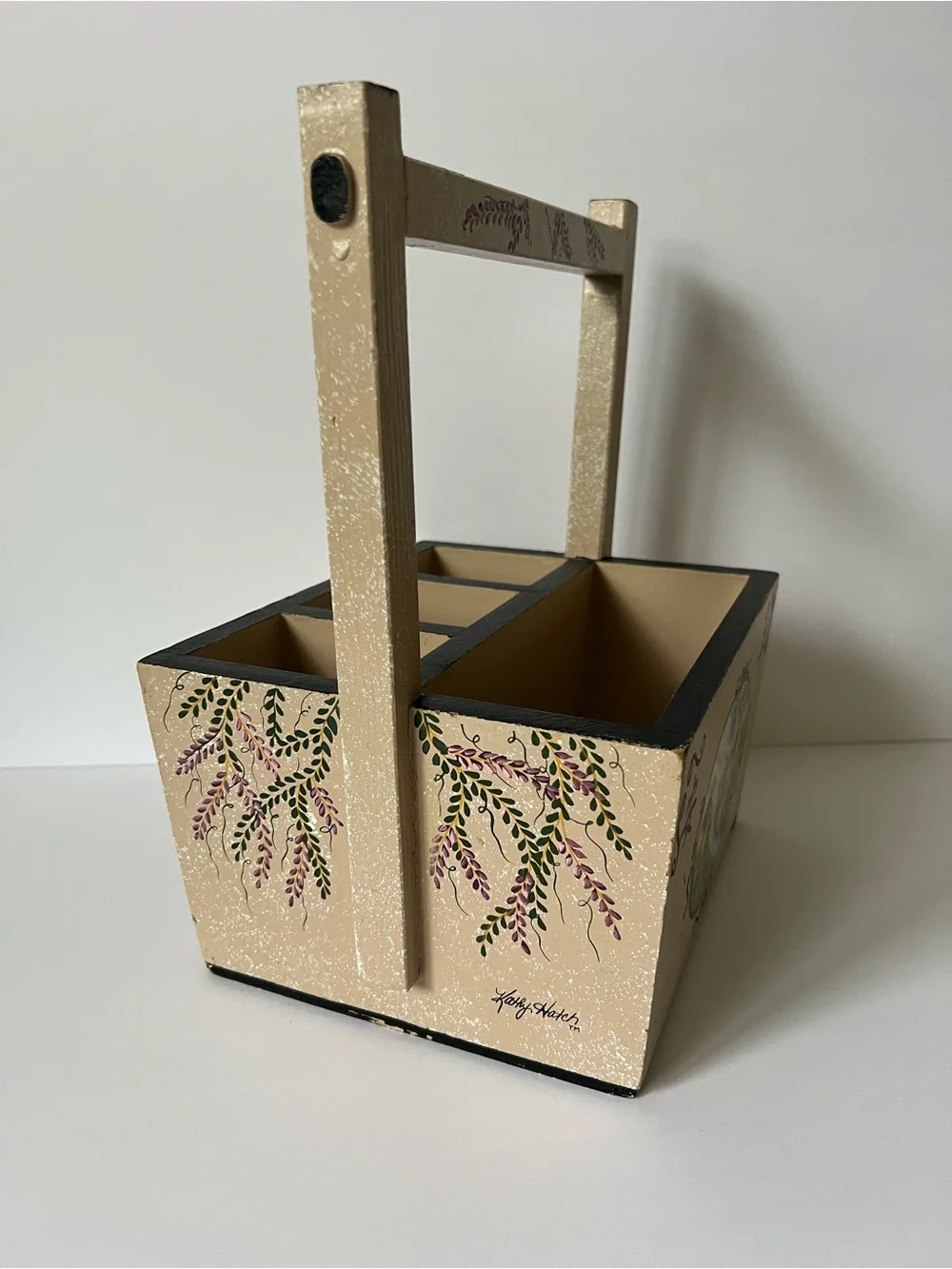 Vintage Wooden Caddy Hand-Painted with Floral Landscape Design Chinese Symbols